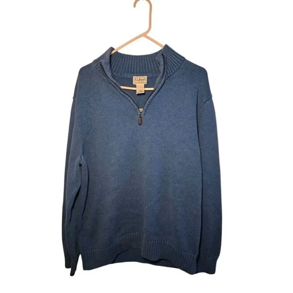 LL Bean Sweater Men's L Quarter Zip Pullover Knit Blue Mock neck